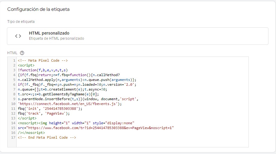 Imagen de ejemplo de la configuración de etiquetas del Pixel de Facebook